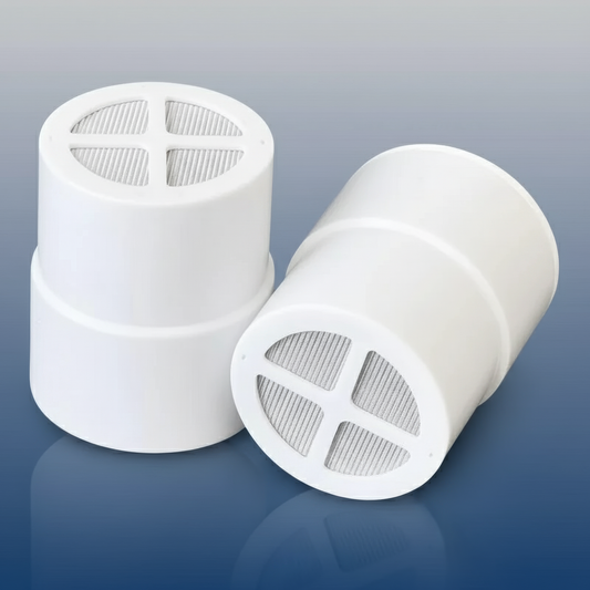 Pair of Watersilks shower filter replacement cartridges with premium white design, displayed on a sleek blue gradient background, engineered for universal fit and optimal water purification.
