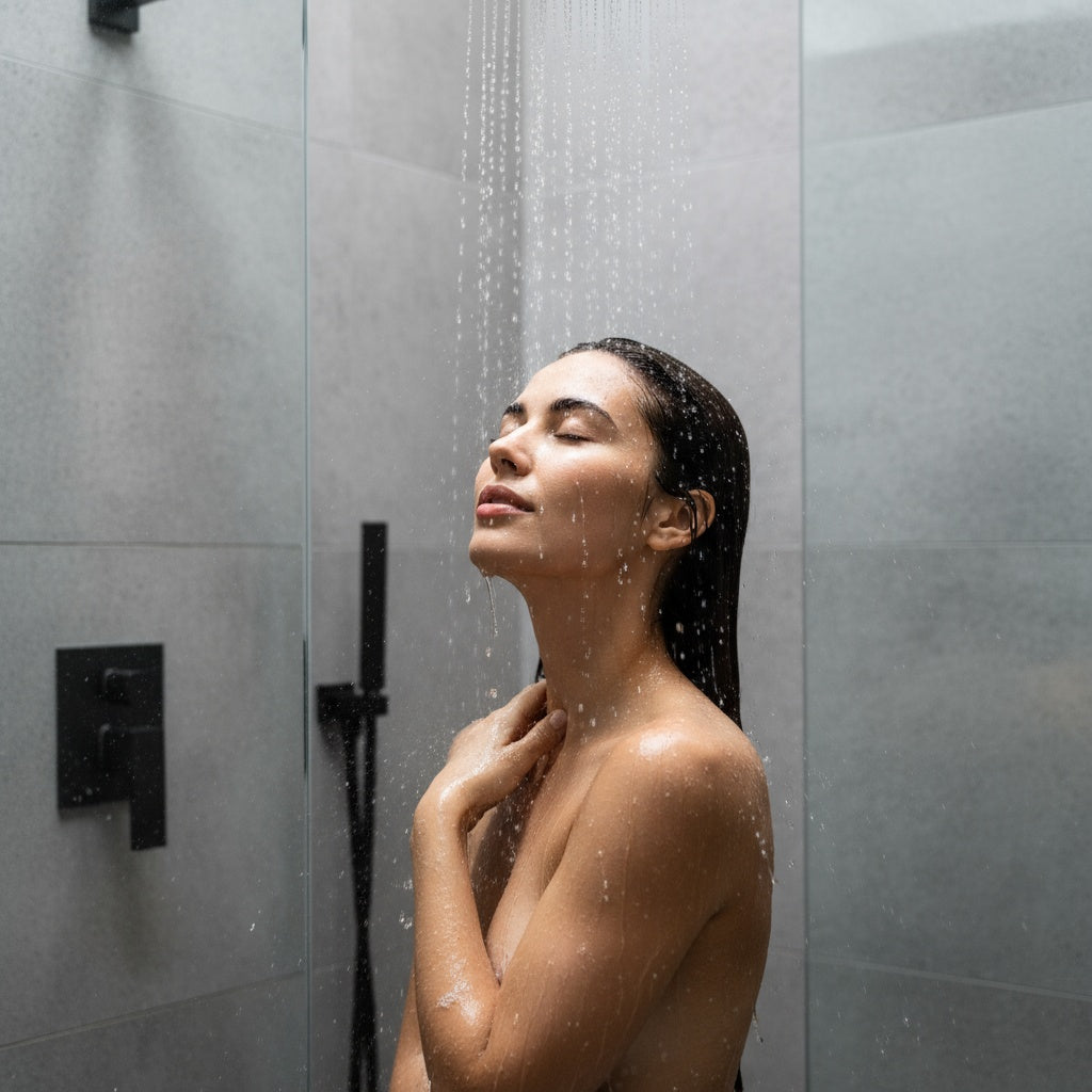 Beautiful woman enjoying a relaxing shower with Watersilks filtered shower head in a modern bathroom, highlighting luxury, wellness, and spa-like water filtration benefits.